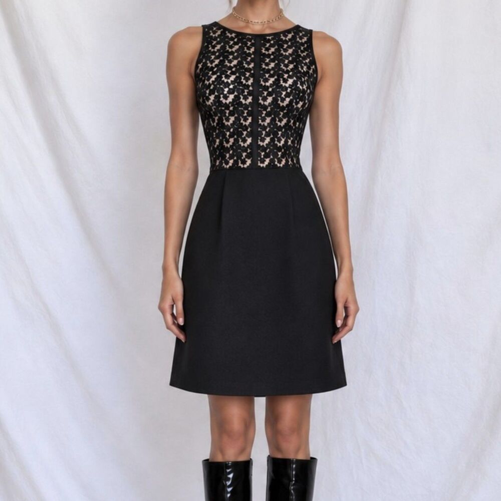 Vintage Y2K 90s Black Sleeveless Floral Lace Knee Length Shift Dress Size 4/M